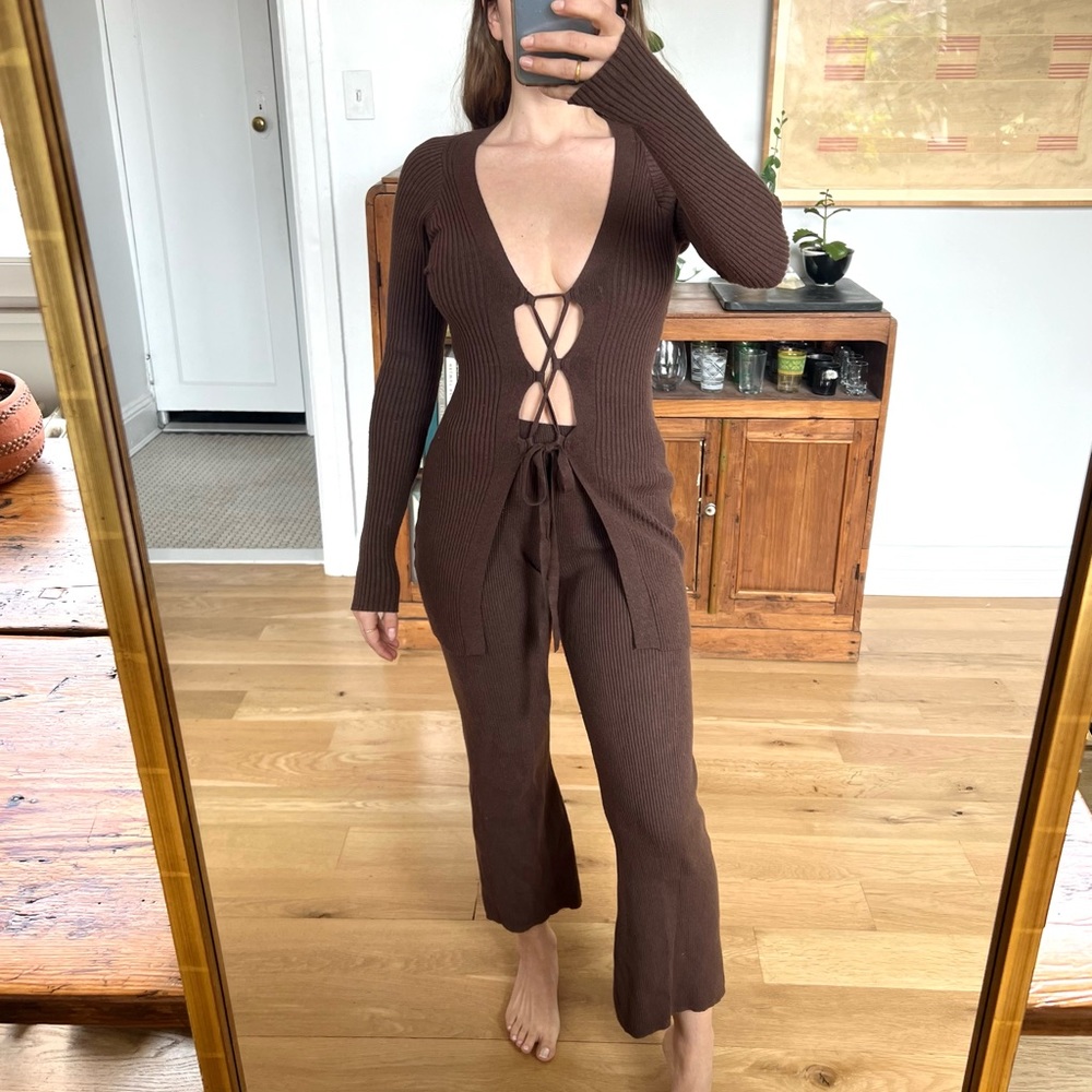 Front Tie Brown Sweater Set